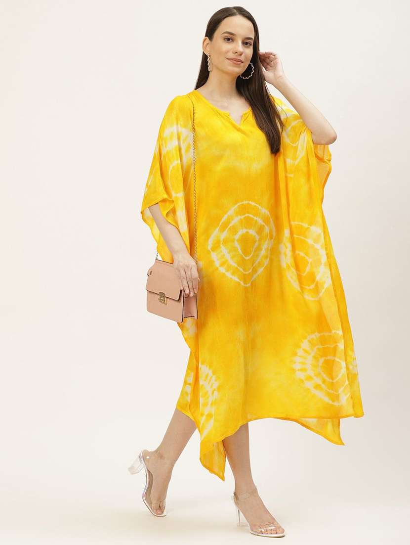 women yellow viscose tie & dye kaftan dress