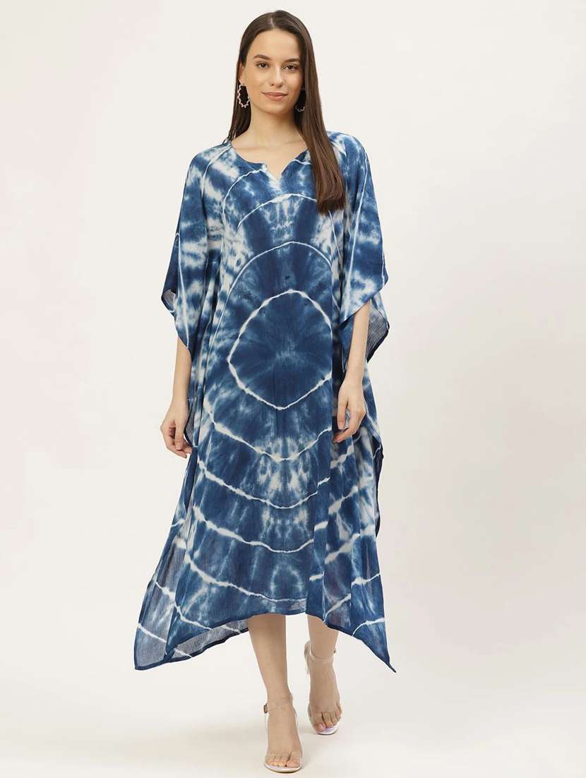 women printed blue a-line viscose midi dress