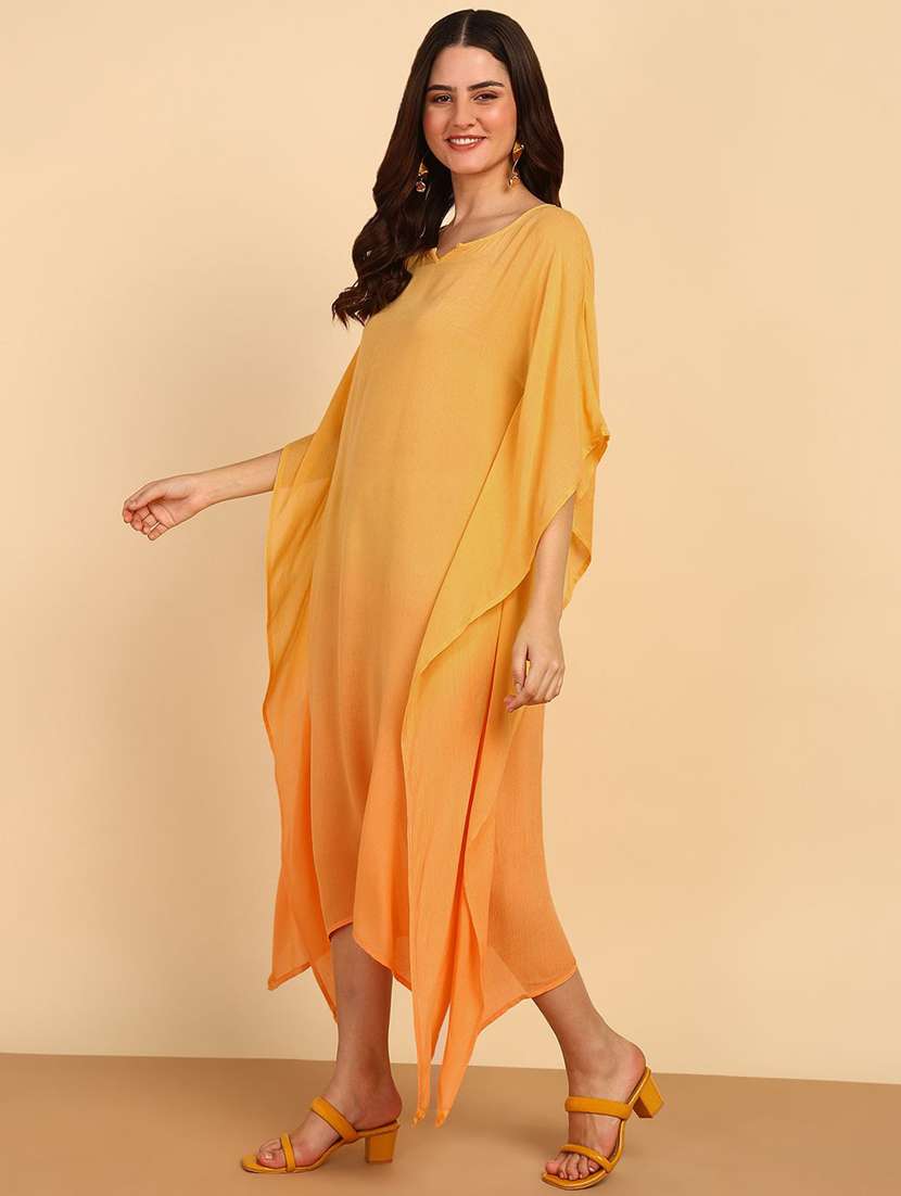 women orange viscose round neck kaftan dress - 22409355 -  Standard Image - 2