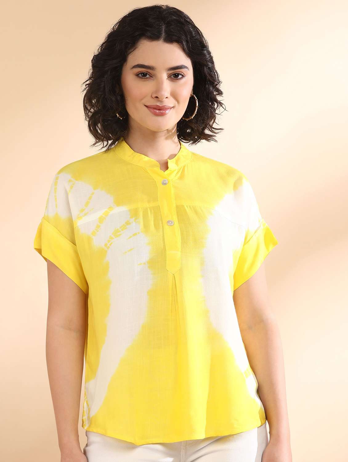 women printed yellow viscose regular top