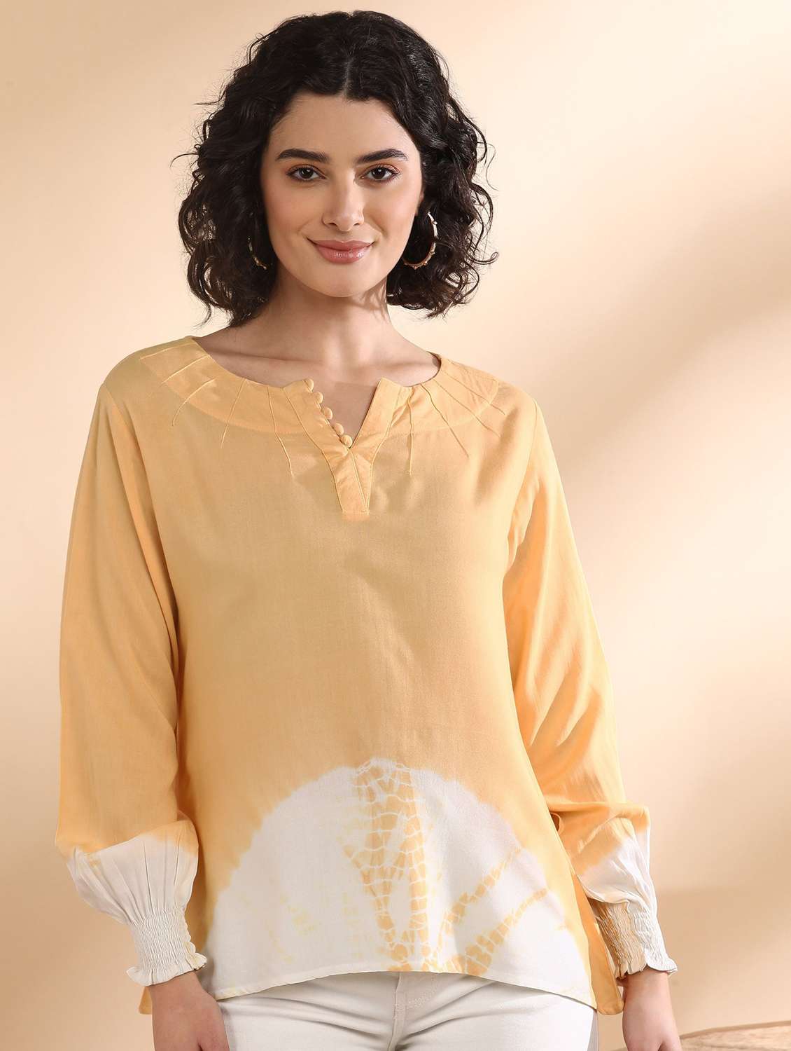women solid yellow viscose regular top