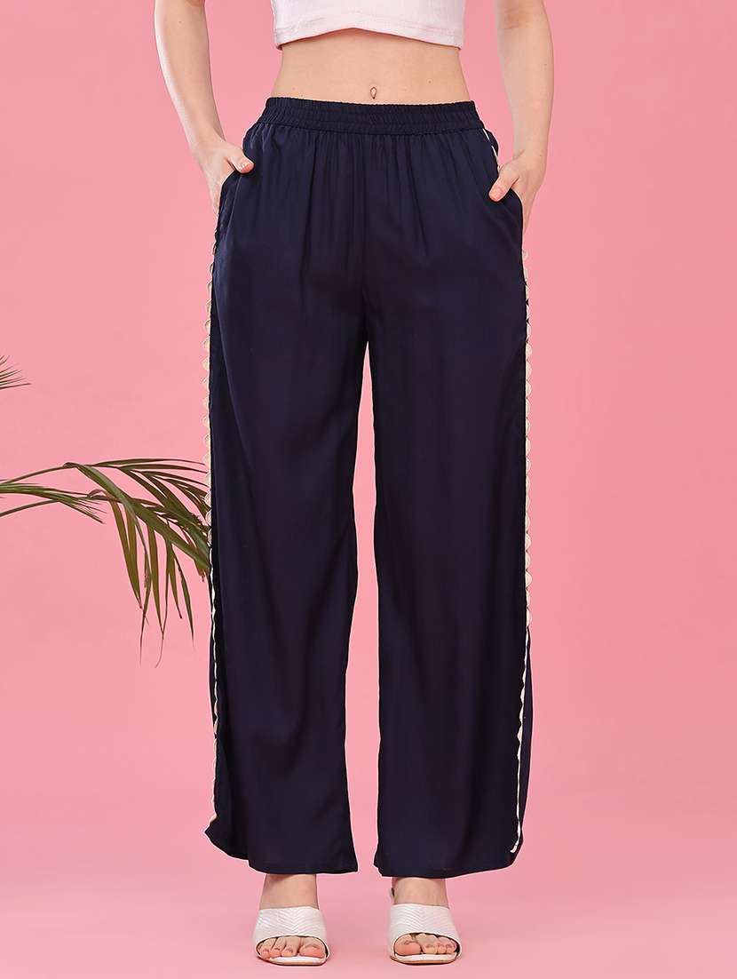 women solid mid rise straight palazo