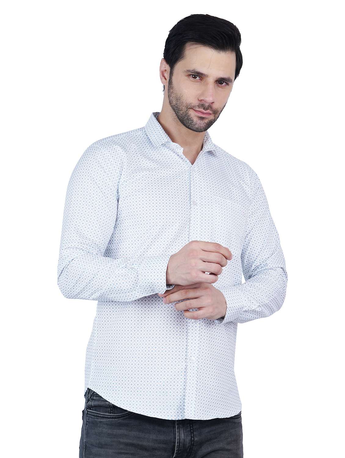 men printed collared long sleeve casual shirt