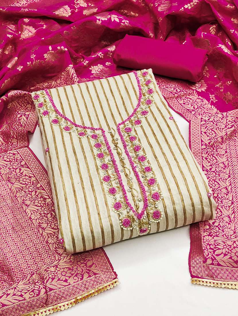 women striped embroidered unstitched suit set