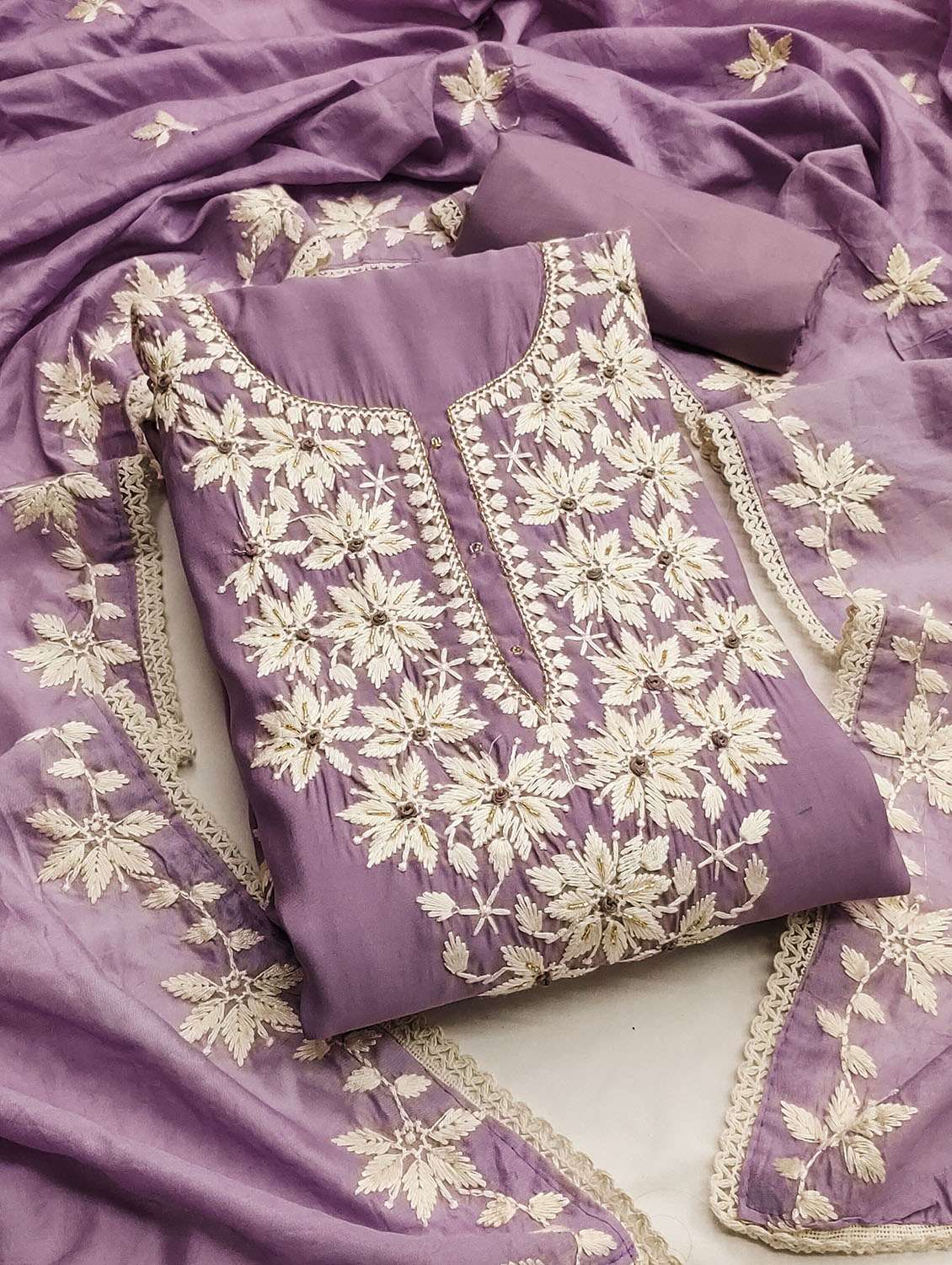 women solid with work unstitched suit set