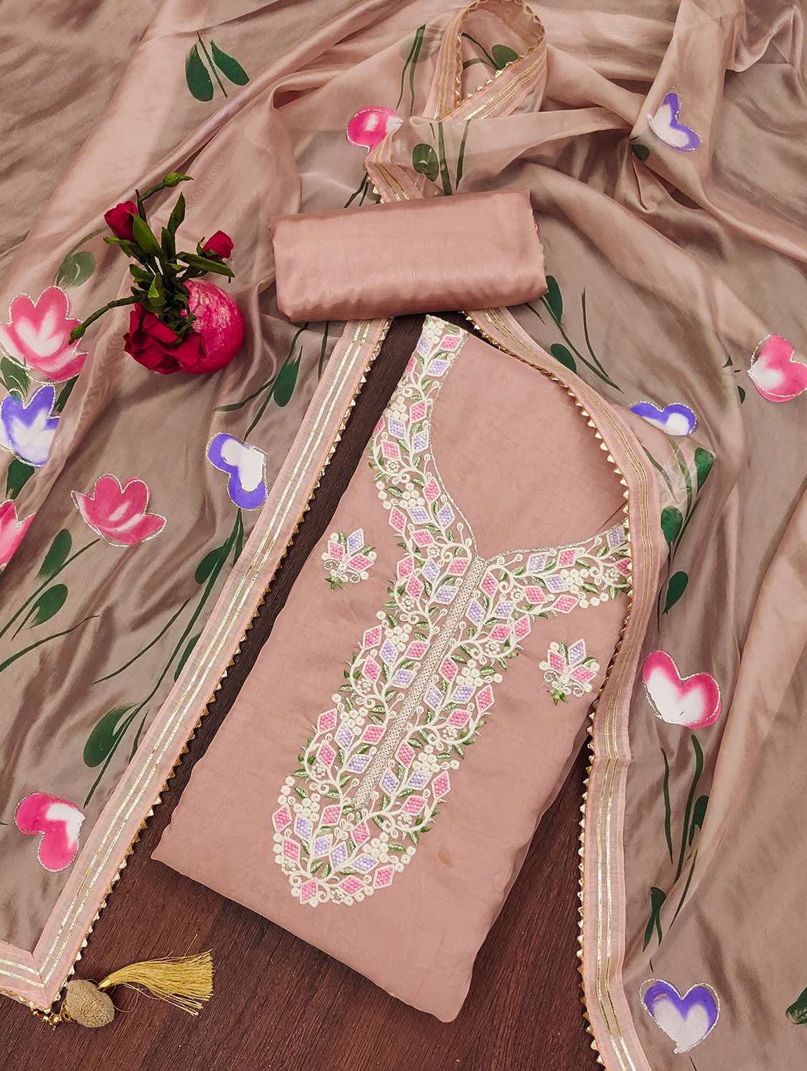 women solid with work unstitched suit set