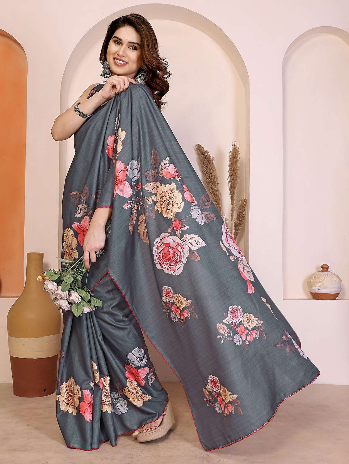women floral printed saree with blouse - 22417289 -  Standard Image - 2