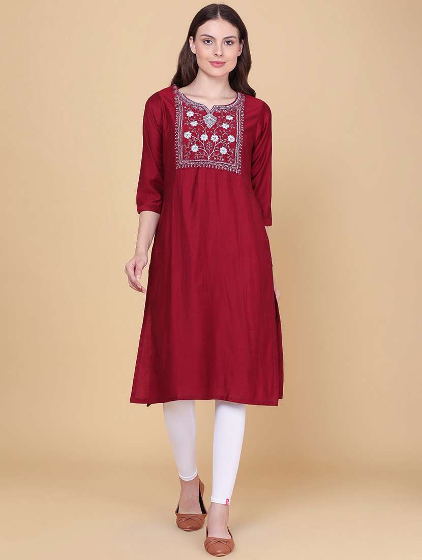 Women Embroidered Three Quarter Sleeve Straight Kurta - 22417361 -  Standard Image - 2