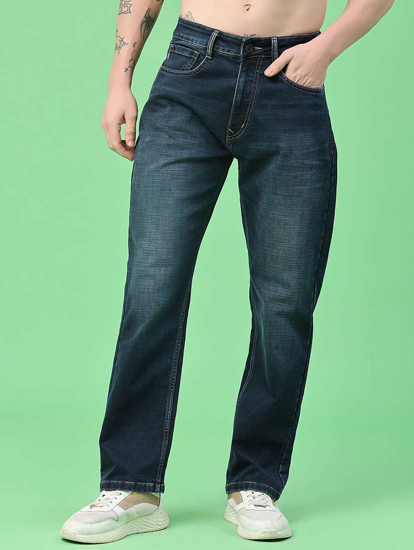 men washed mid rise full length straight jeans