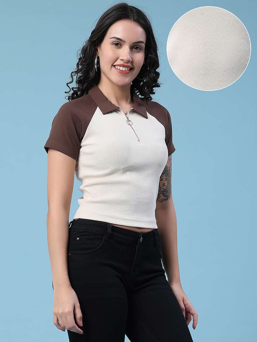 women colourblocked short sleeves crop t-shirt - 22419558 -  Standard Image - 2