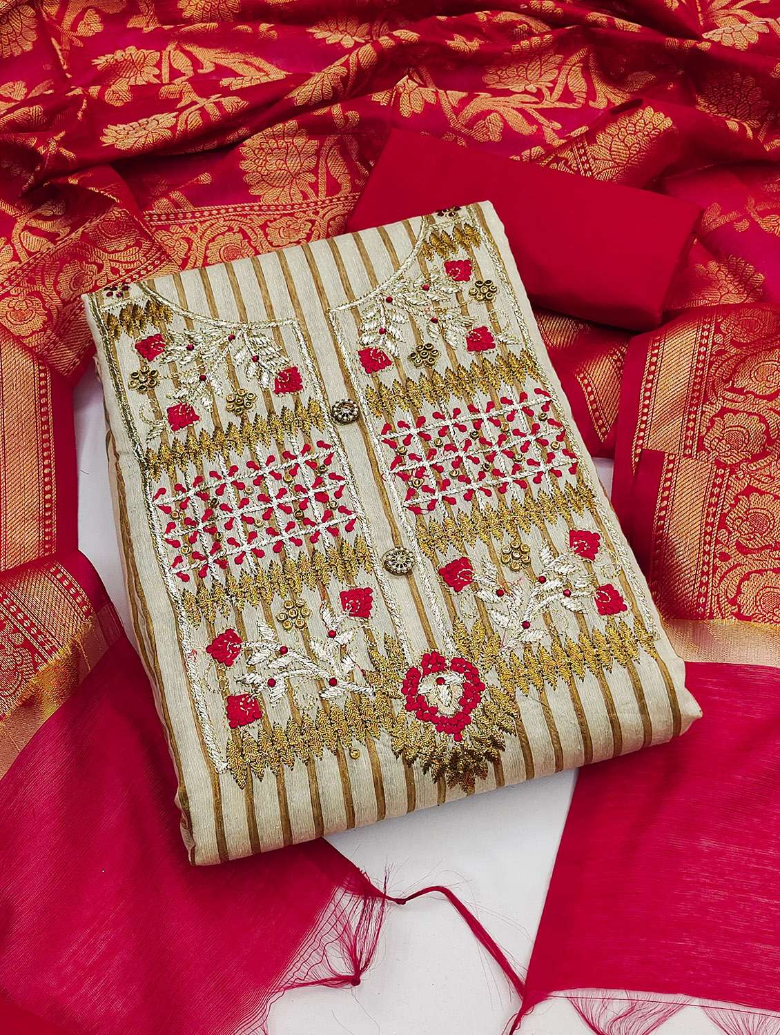 women striped embroidered unstitched suit set