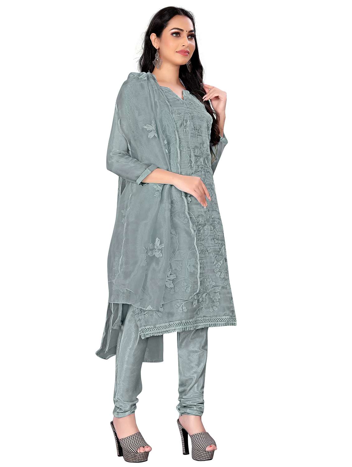 Women Solid With Work Unstitched Suit Set - 22419993 -  Standard Image - 2
