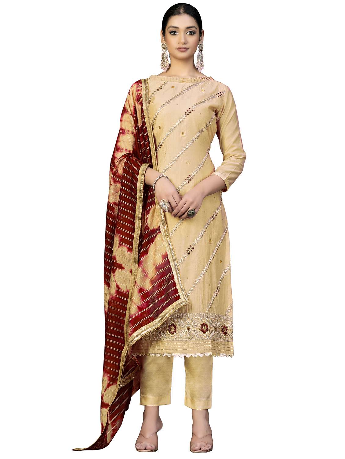 women solid with work unstitched suit set