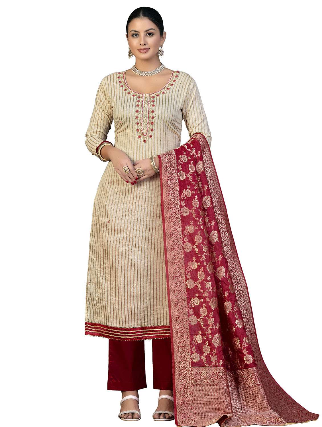 women striped embroidered unstitched suit set