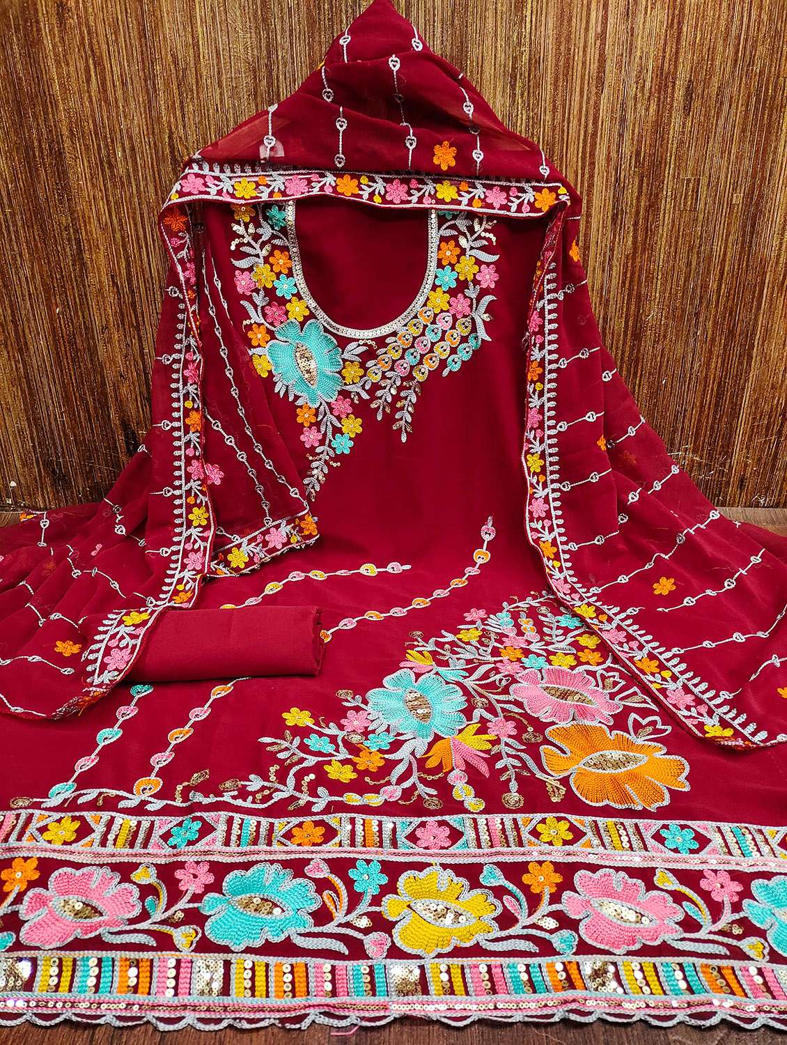 Women Solid With Work Unstitched Suit Set - 22420869 -  Standard Image - 2