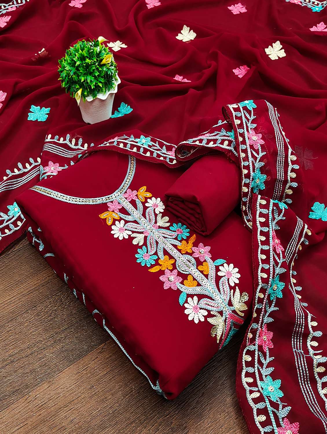 women solid with work unstitched suit set