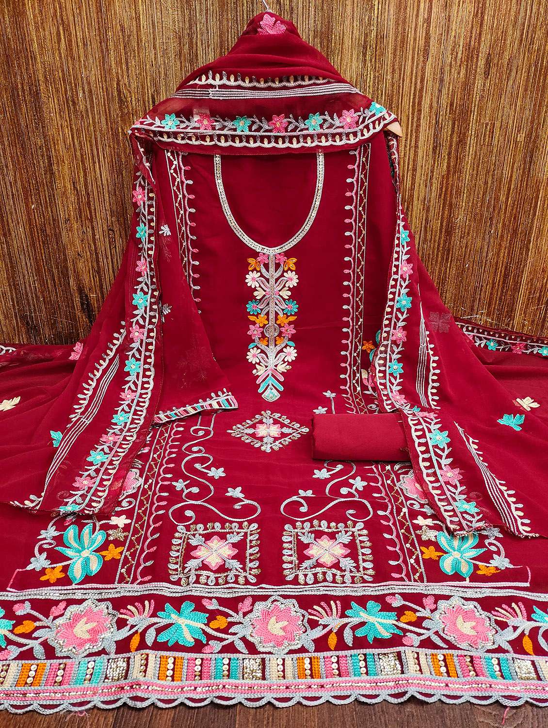 Women Solid With Work Unstitched Suit Set - 22420877 -  Standard Image - 2