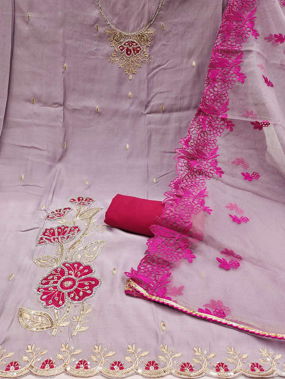 Women Solid With Work Unstitched Suit Set - 22421286 -  Standard Image - 2
