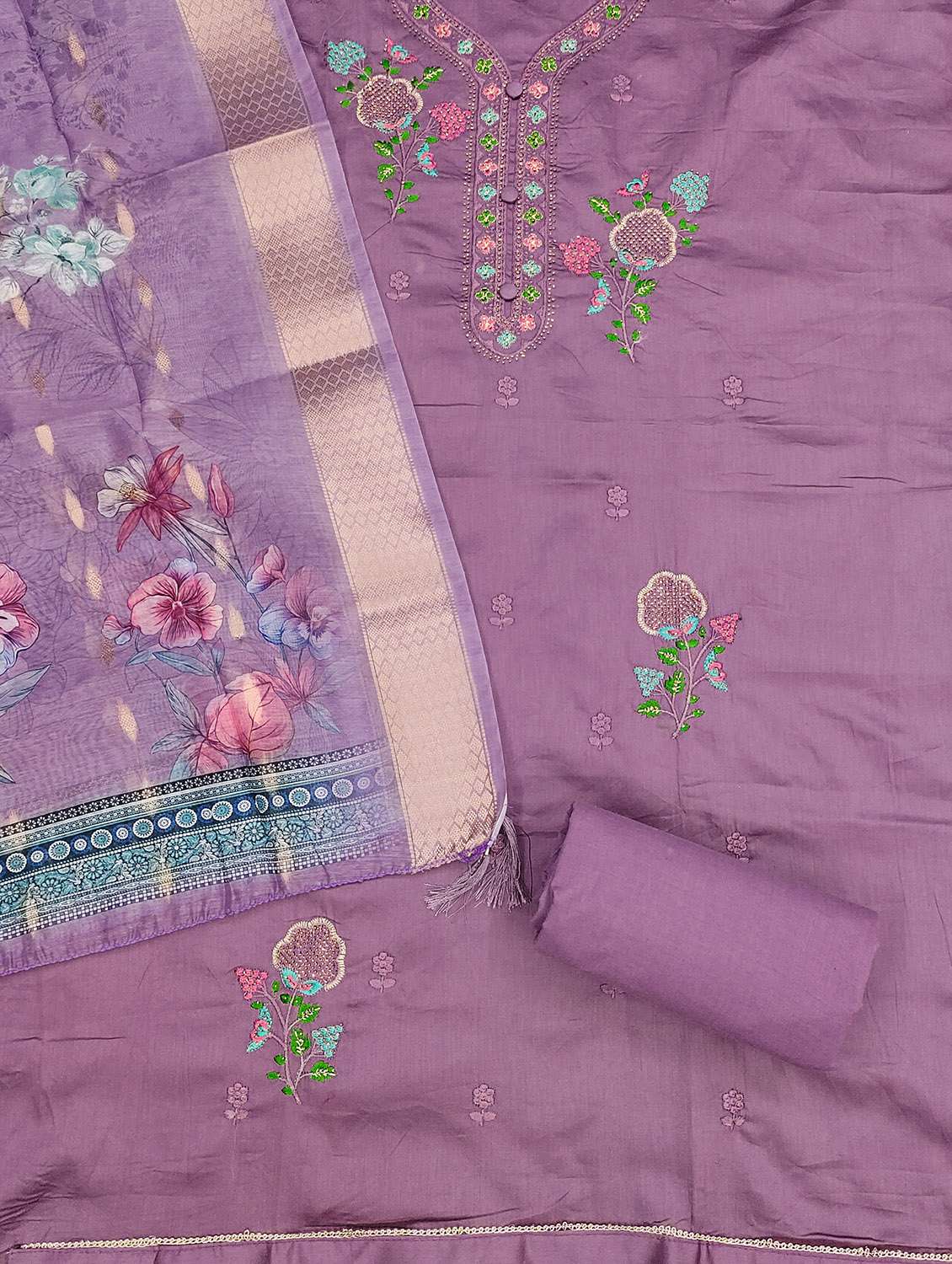 Women Solid With Work Unstitched Suit Set - 22421480 -  Standard Image - 2