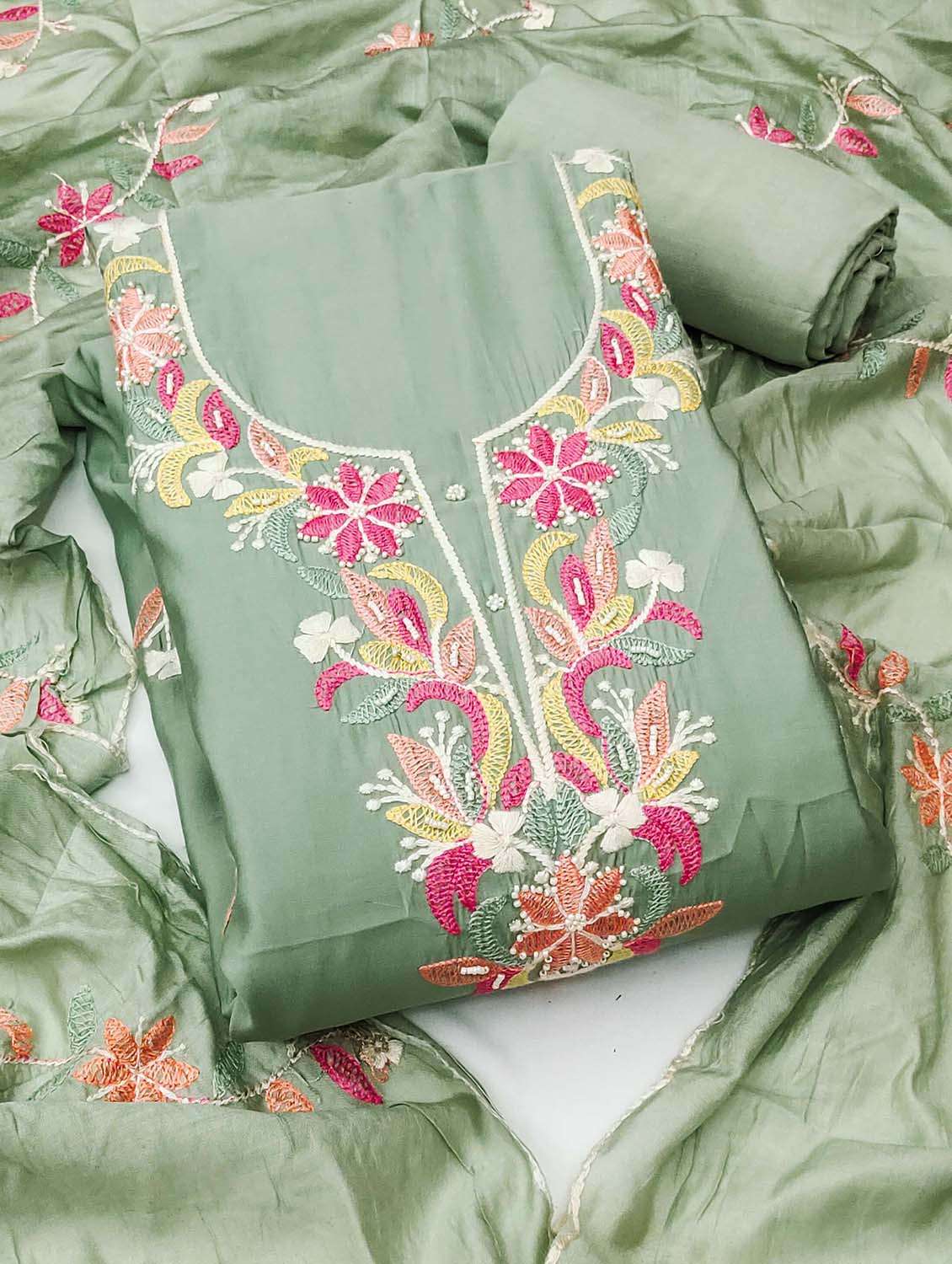 women solid with work unstitched suit set