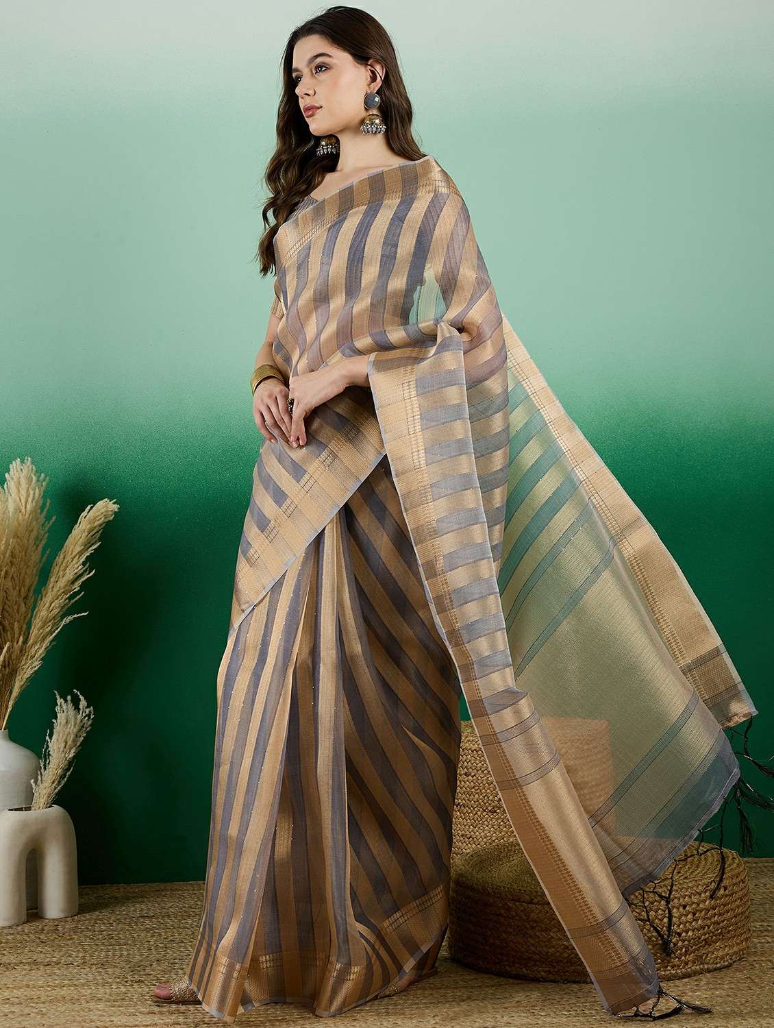 women striped bordered saree with blouse - 22424375 -  Standard Image - 2