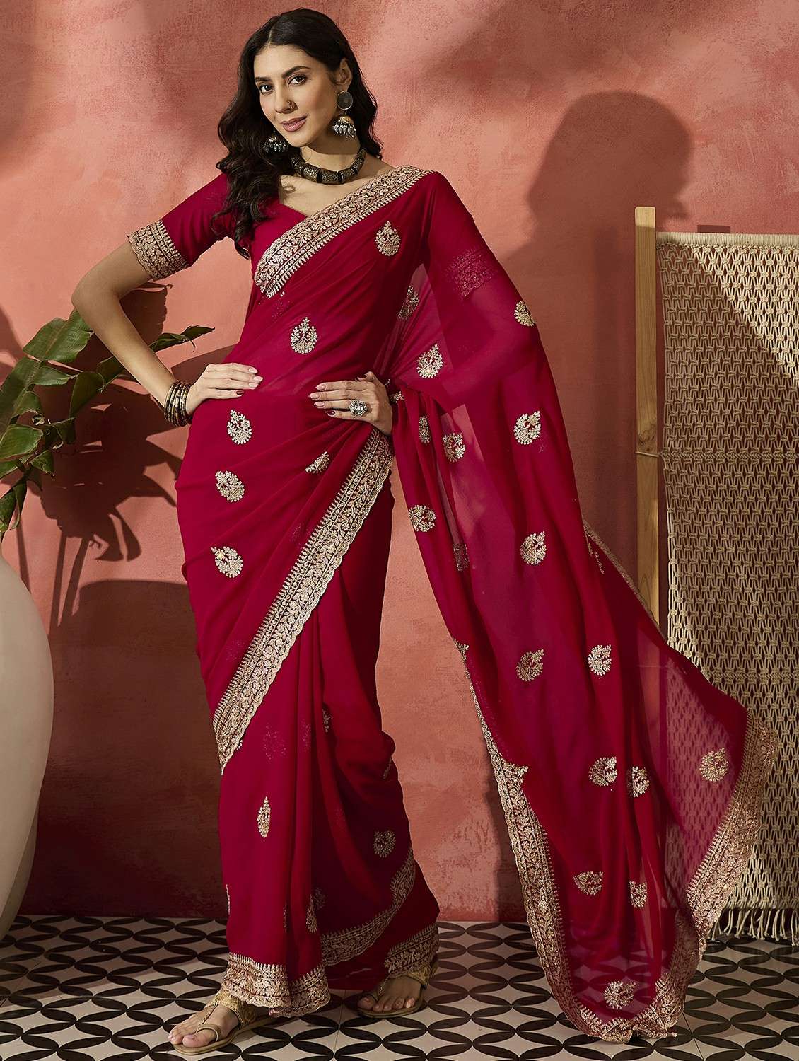 women solid with work embroidered saree with blouse - 22424702 -  Standard Image - 2