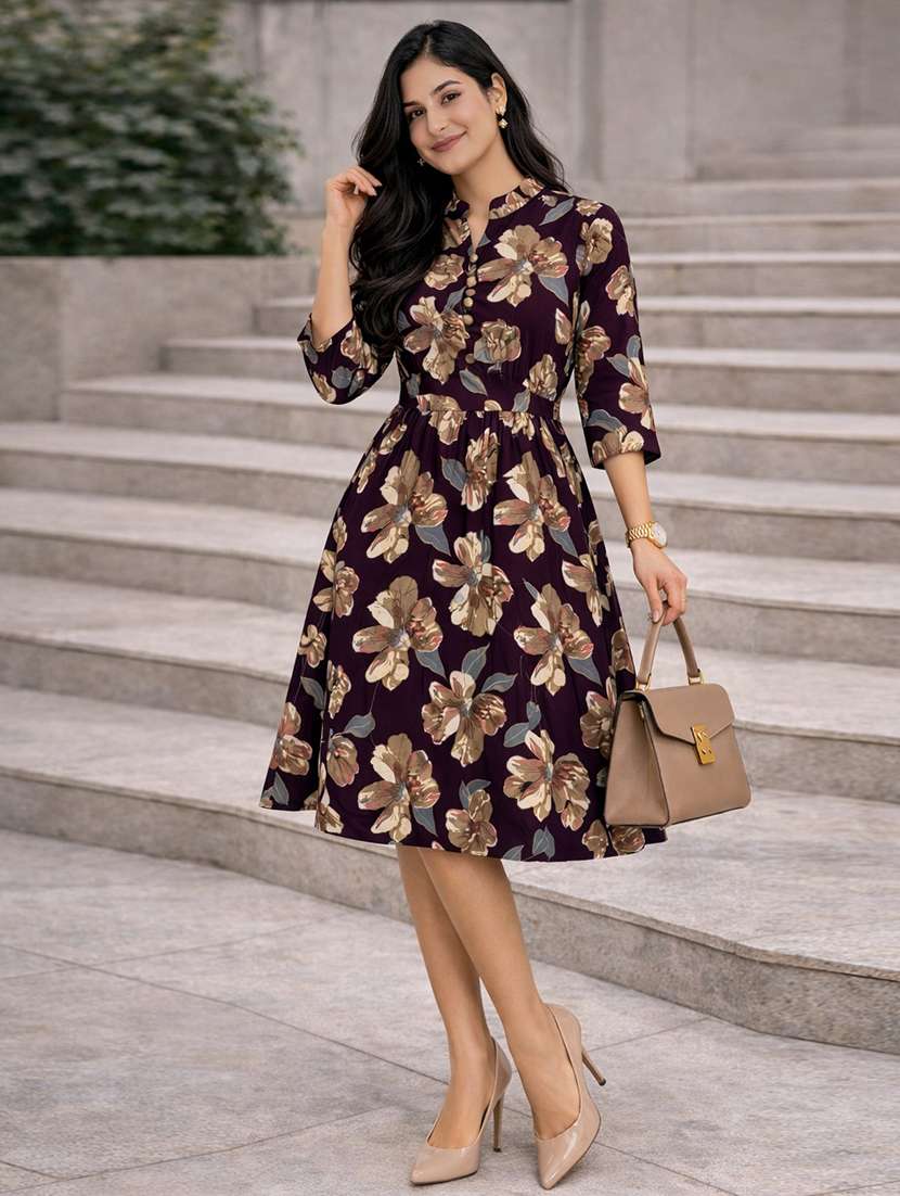 women floral print mandarin neck a-line dress - 22425058 -  Standard Image - 2