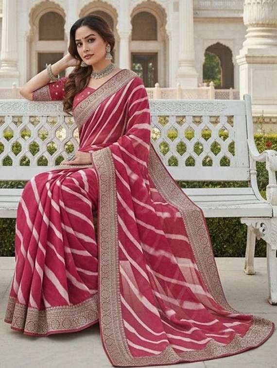 Women Leheriya Bordered Saree With Blouse - 22425244 -  Standard Image - 2