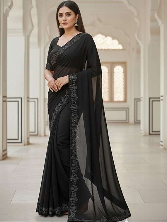 women solid with embellished bordered saree with blouse