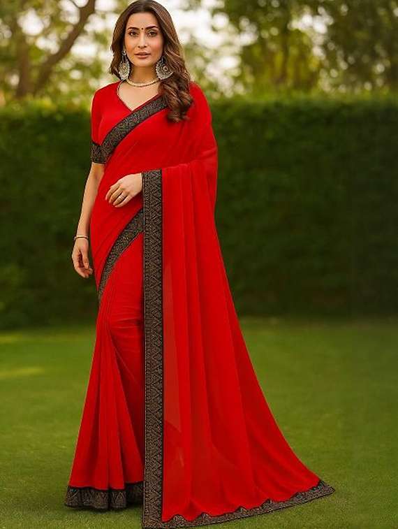 women solid with bordered saree with blouse