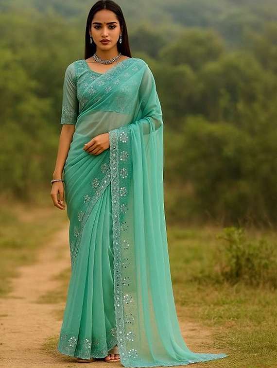 women solid with embellished bordered saree with blouse