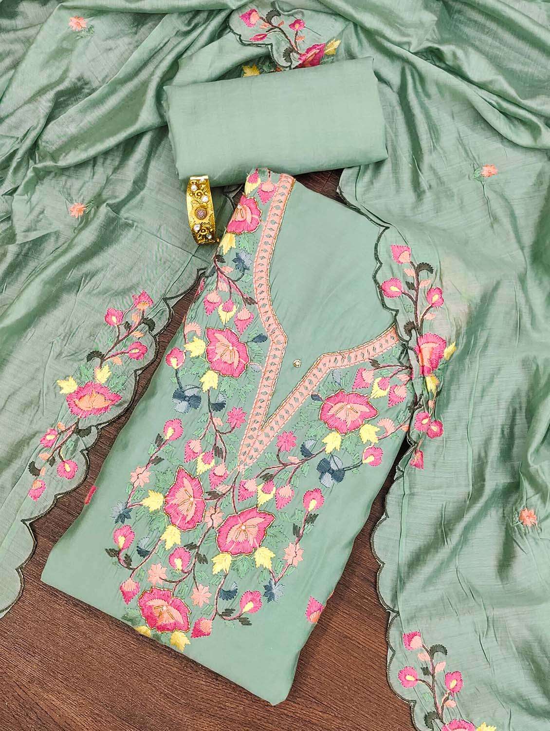 women solid with work unstitched suit set
