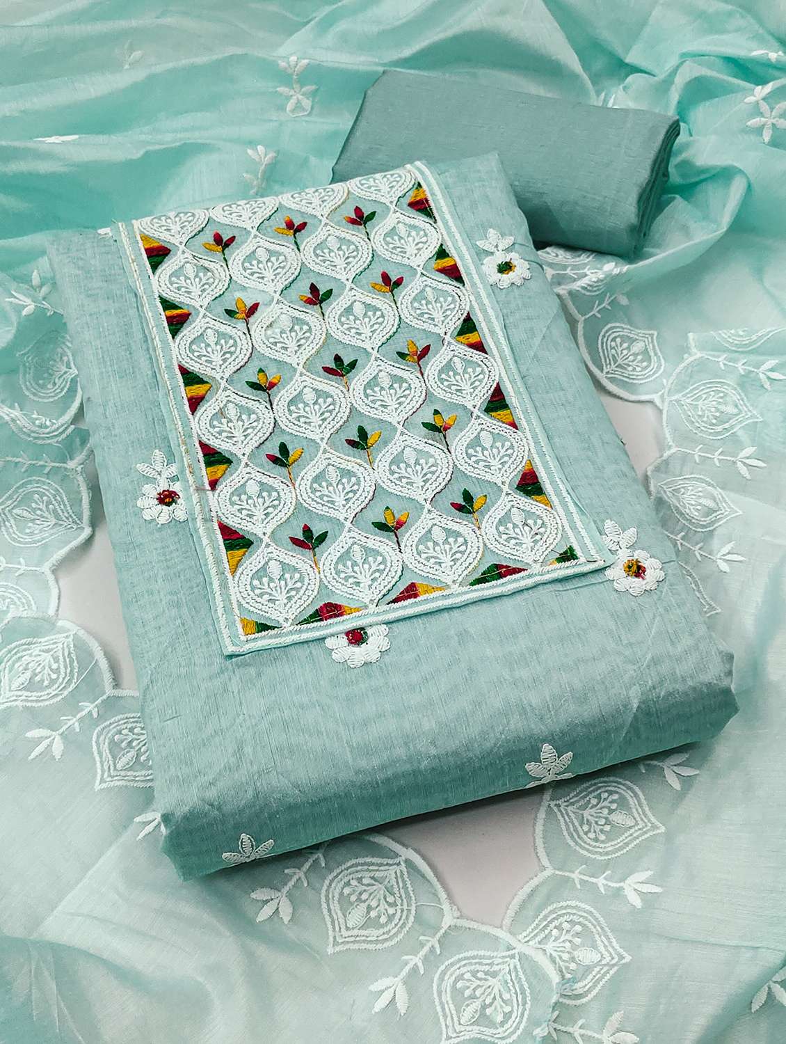 women solid with work unstitched suit set