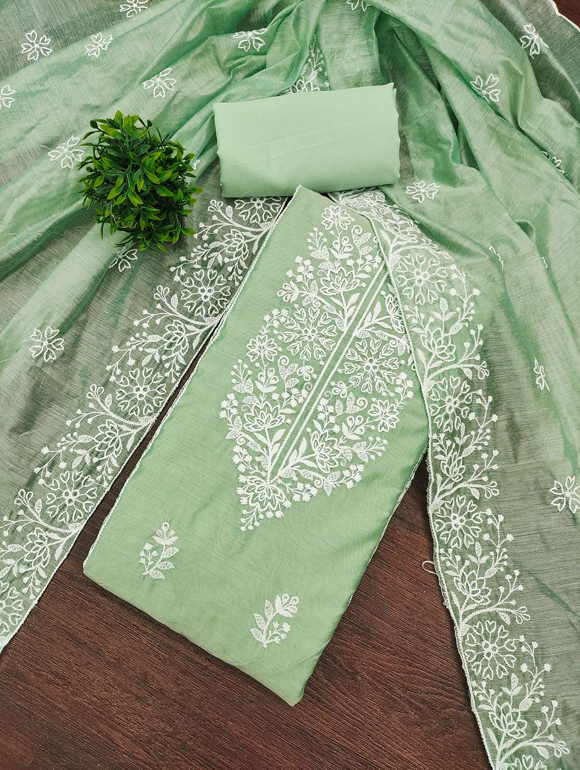 women solid with work unstitched suit set