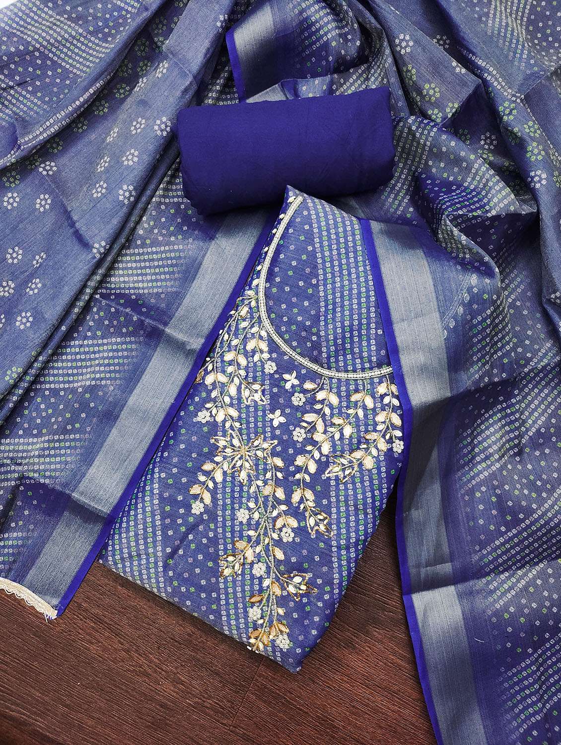 women bandhani printed unstitched suit set