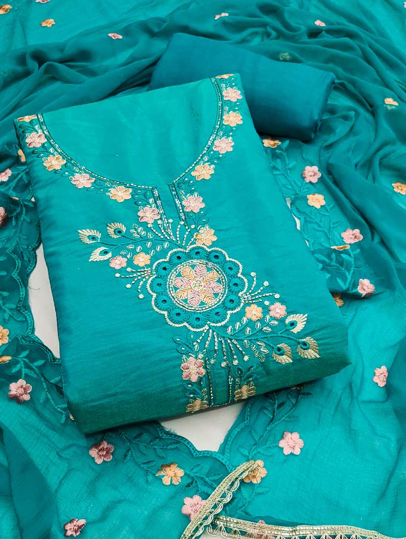 women solid with work unstitched suit set
