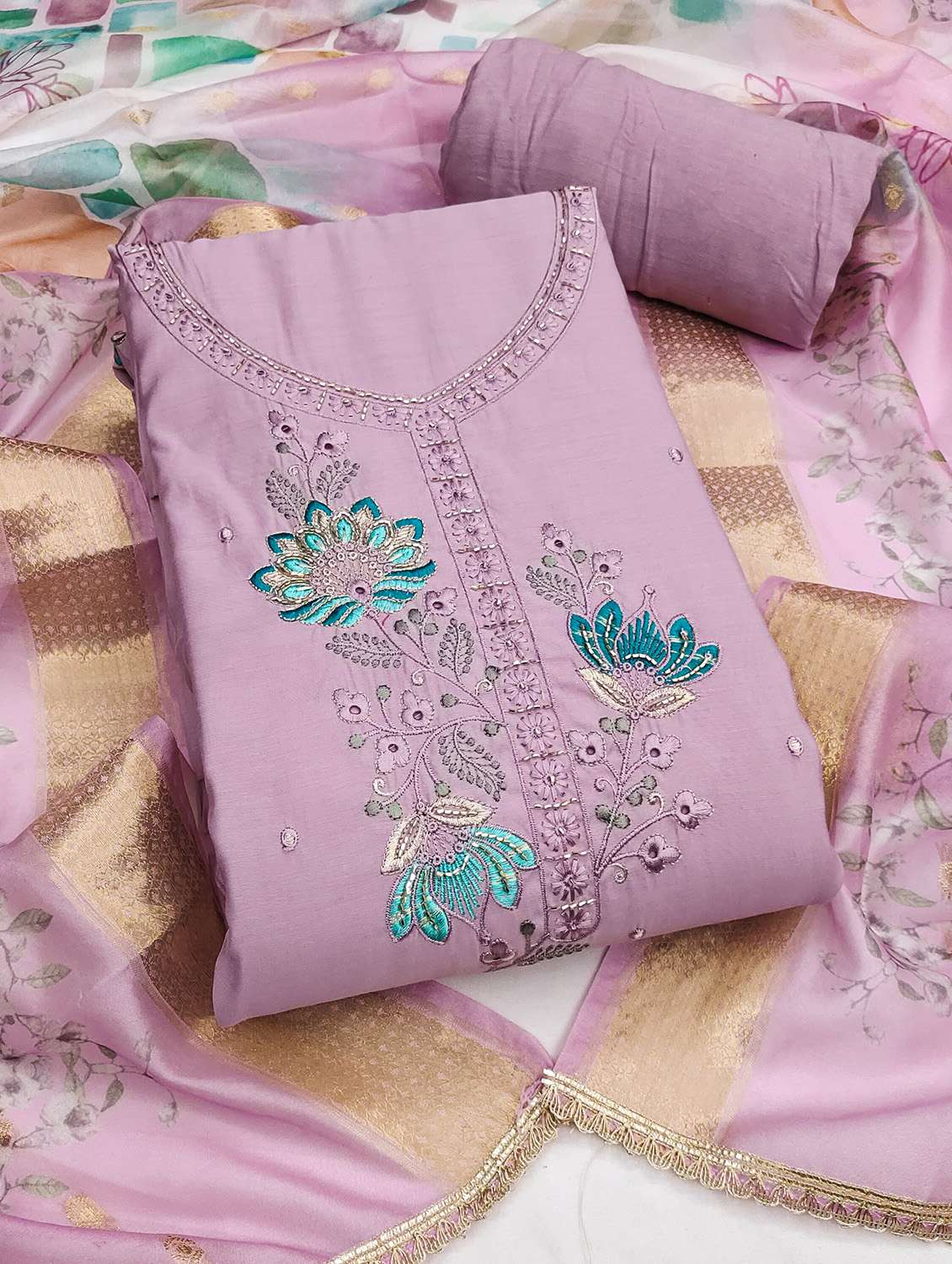 women solid with work unstitched suit set