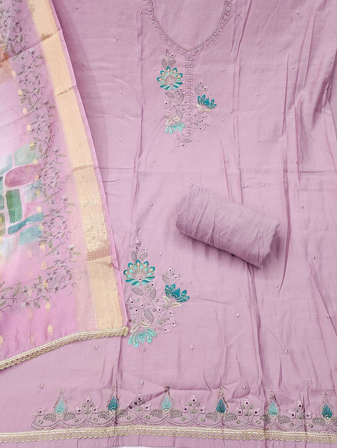 Women Solid With Work Unstitched Suit Set - 22432034 -  Standard Image - 2