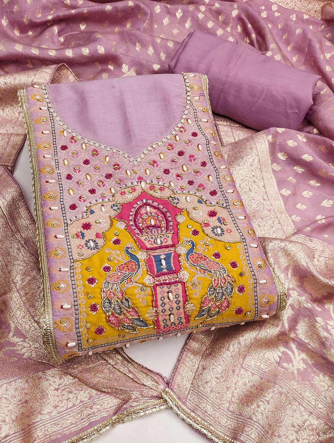 women solid with work unstitched suit set