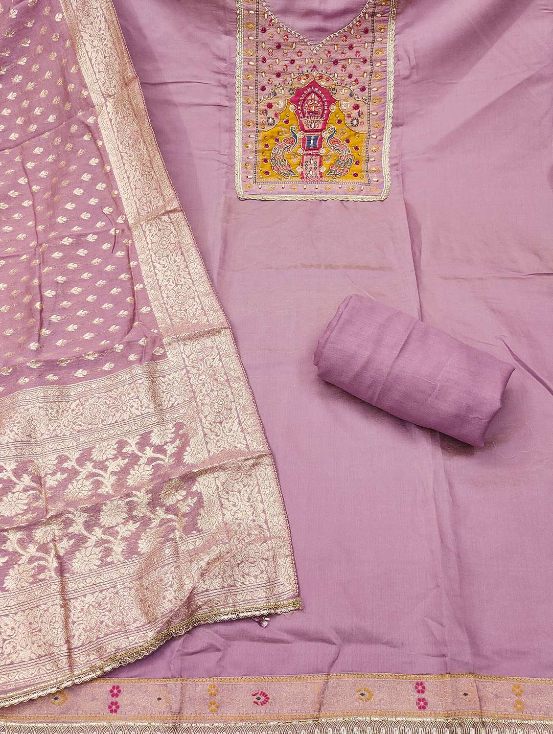Women Solid With Work Unstitched Suit Set - 22432039 -  Standard Image - 2