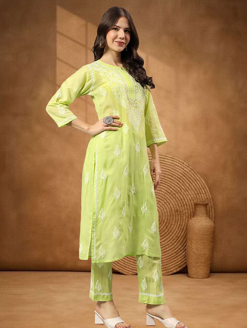 women chikankari three quarter sleeve kurta pant set - 22432121 -  Standard Image - 2