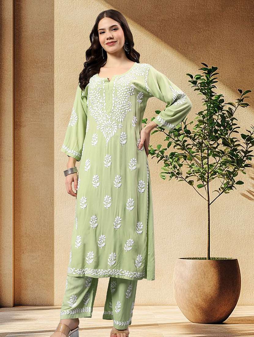 women chikankari long sleeve kurta palazzo set