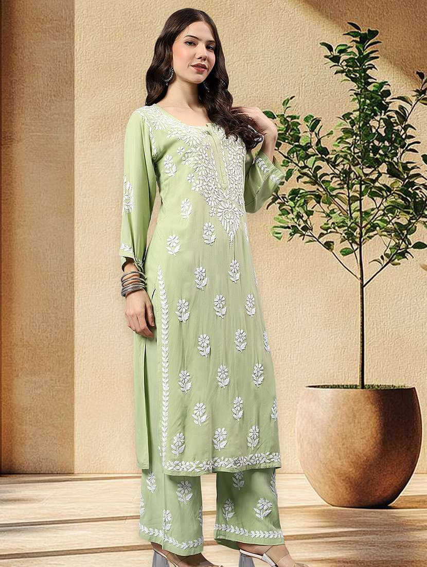 women chikankari long sleeve kurta palazzo set - 22432122 -  Standard Image - 2