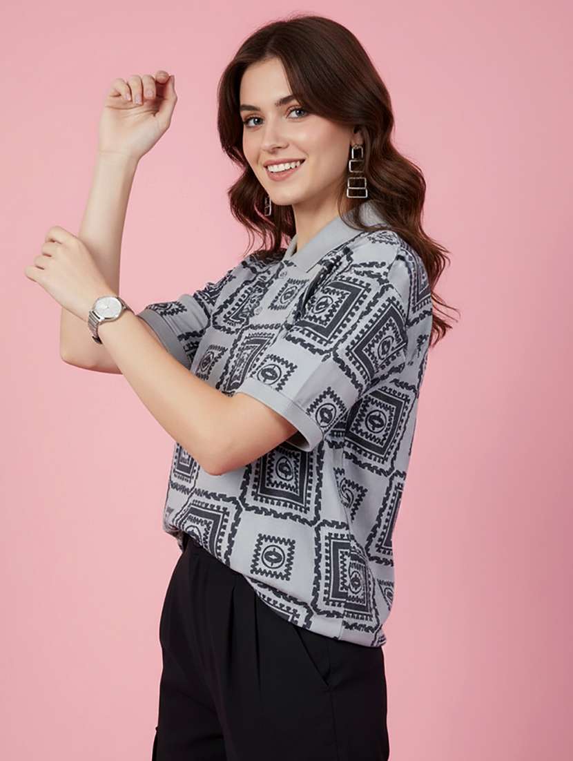 women printed short sleeve oversized polo t-shirt - 22432799 -  Standard Image - 2