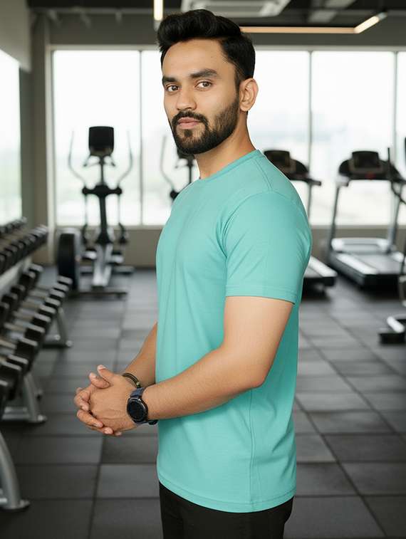 men light blue lycra blend plain t-shirt - 22432826 -  Standard Image - 2