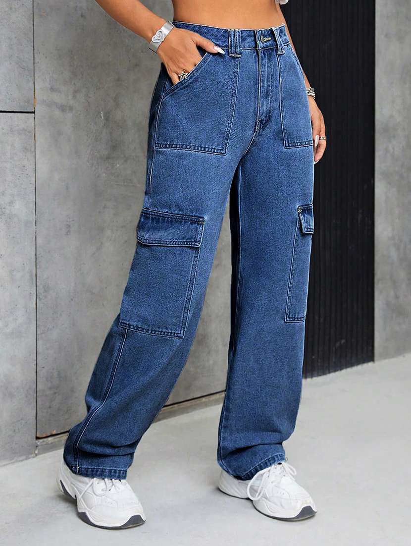 women solid high rise denim cargo - 22433094 -  Standard Image - 2