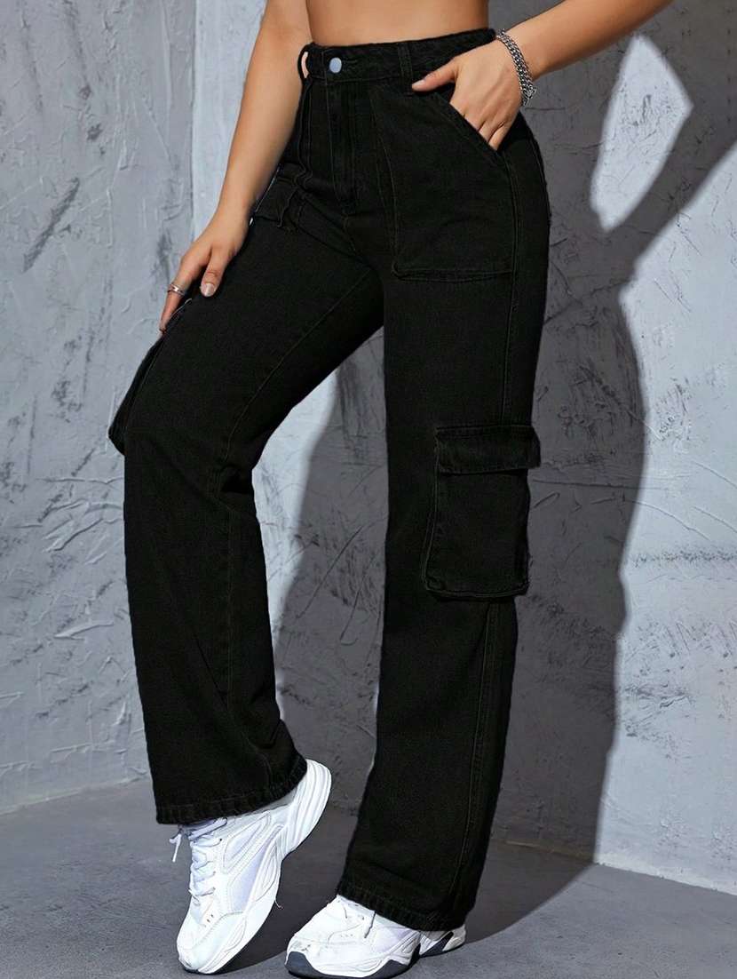 women solid high rise denim cargo - 22433095 -  Standard Image - 2