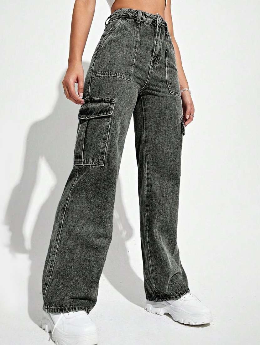 women solid high rise denim cargo - 22433097 -  Standard Image - 2
