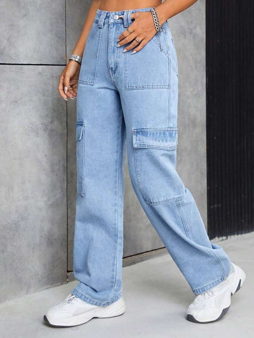 women solid high rise denim cargo - 22433099 -  Standard Image - 2