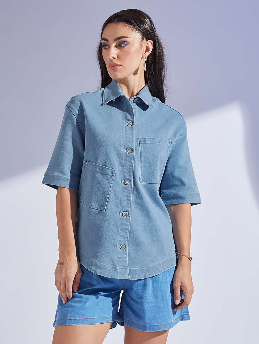 women solid collared short sleeve denim shirt